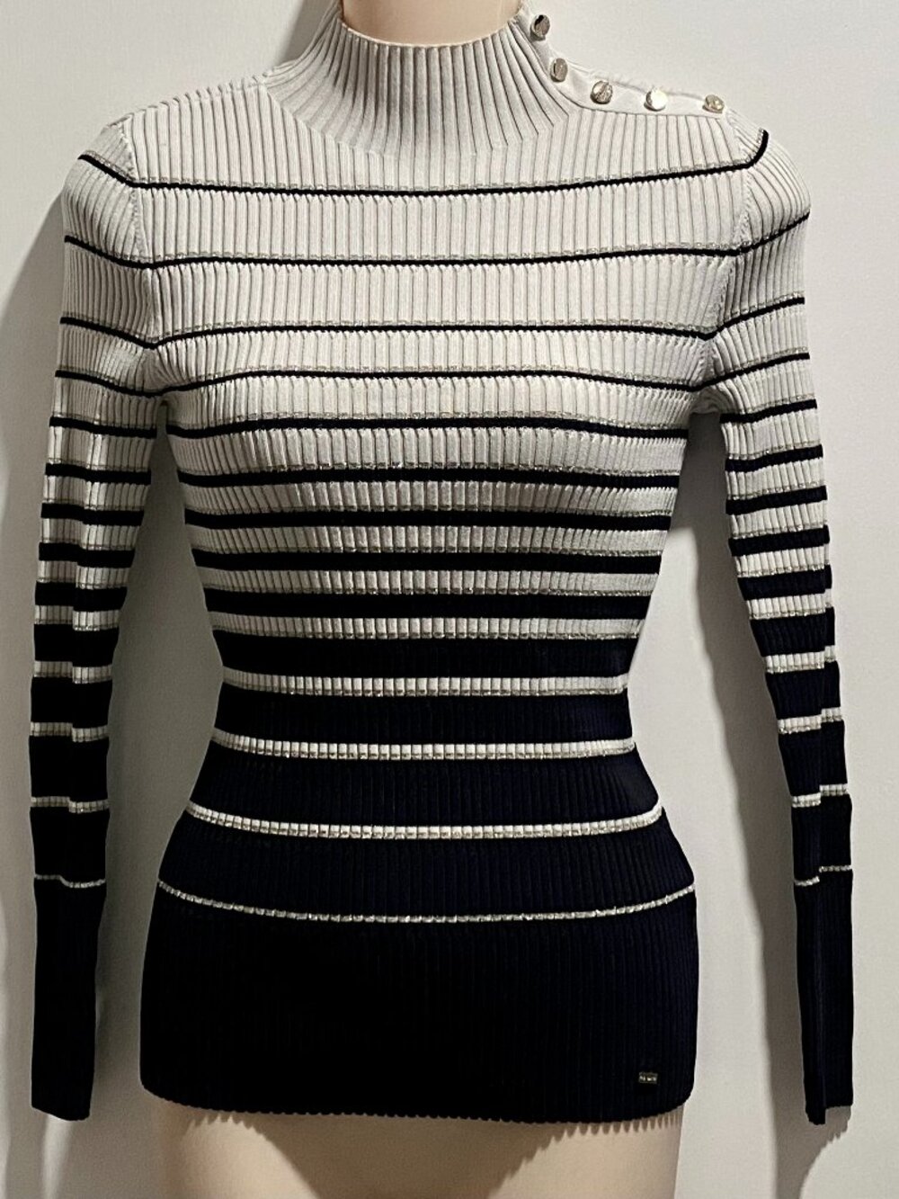 Ted Baker Stripe Knit Minimalist Preppy Capsule Mockneck Y2K Fitted Sweater S